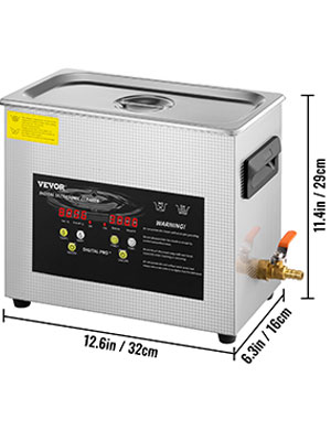 VEVOR ultrasonic cleaner with digital display and dimensions: 12.6in x 6.3in x 11.4in.