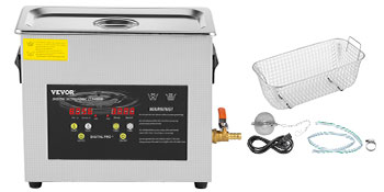 VEVOR ultrasonic cleaner with digital control, basket, power cord, and small accessories.