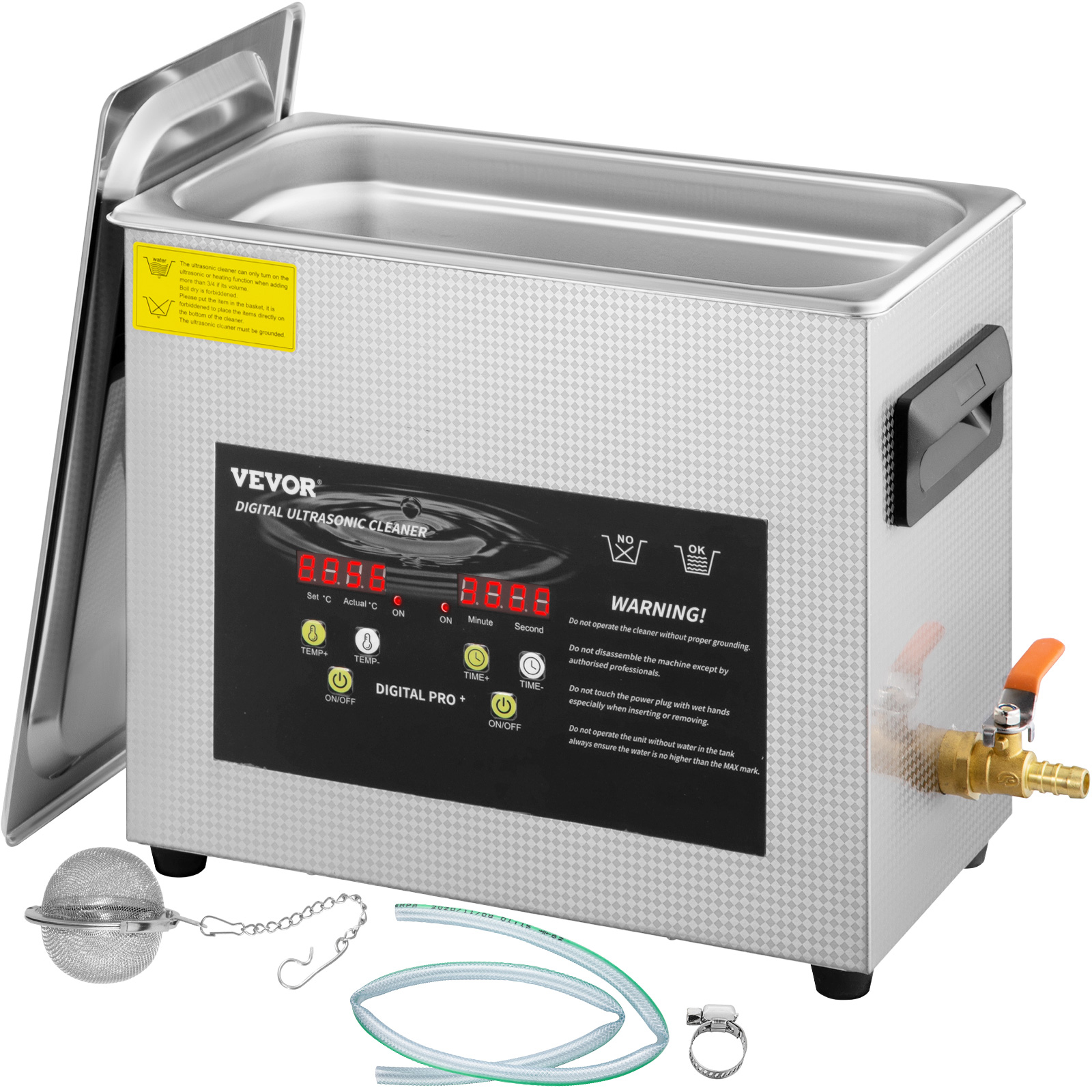 VEVOR ultrasonic cleaner with digital display and included accessories.