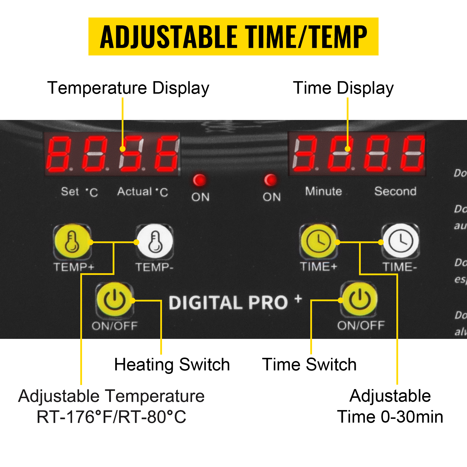 VEVOR ultrasonic cleaner control panel with adjustable time and temperature settings.