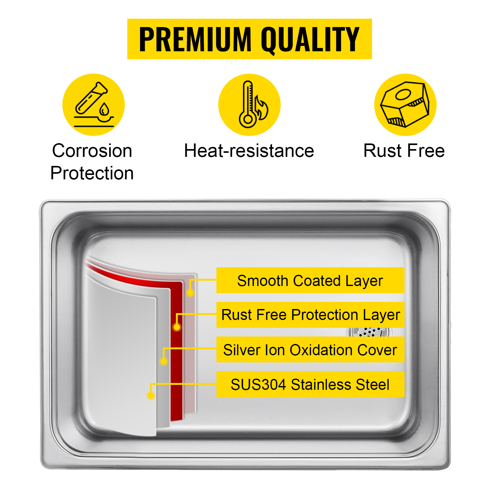 VEVOR ultrasonic cleaner with corrosion protection, heat-resistance, and rust-free features.