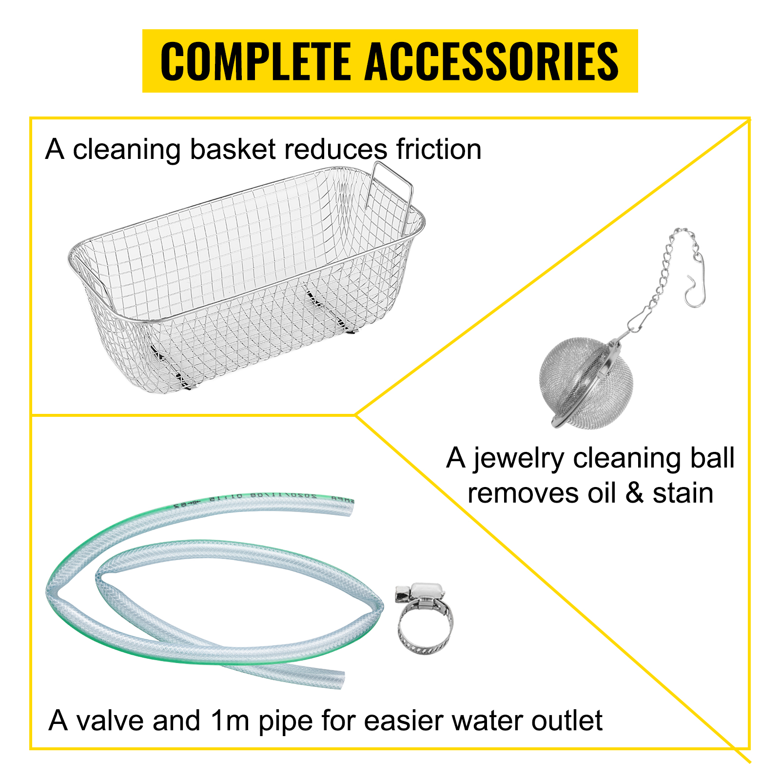 VEVOR ultrasonic cleaner accessories: basket, jewelry ball, valve, and 1m pipe.