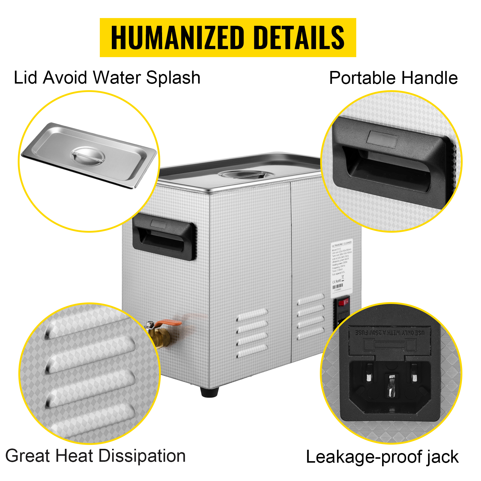 VEVOR ultrasonic cleaner with lid, portable handle, great heat dissipation, leakage-proof jack.