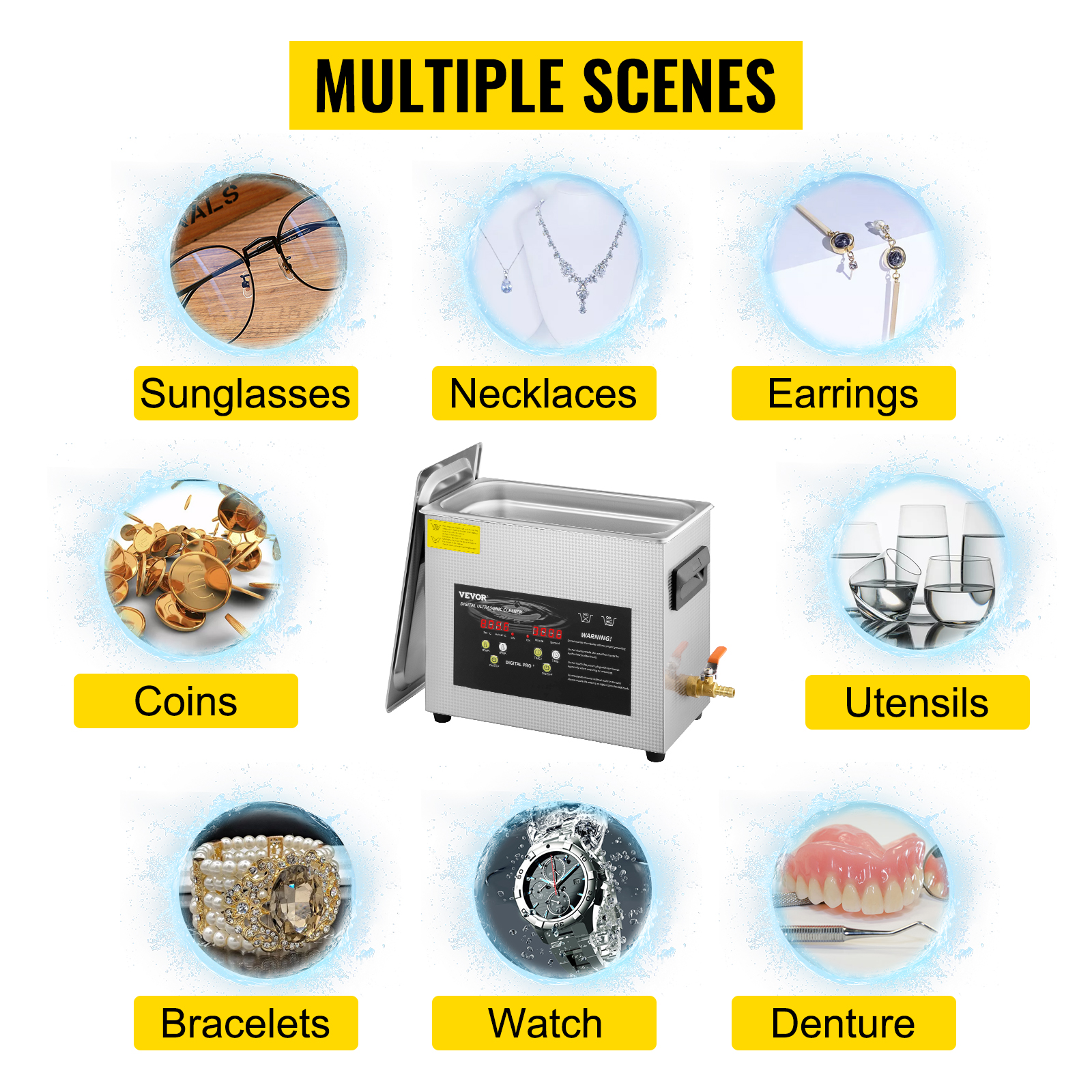 VEVOR ultrasonic cleaner for sunglasses, necklaces, earrings, coins, utensils, and denture.