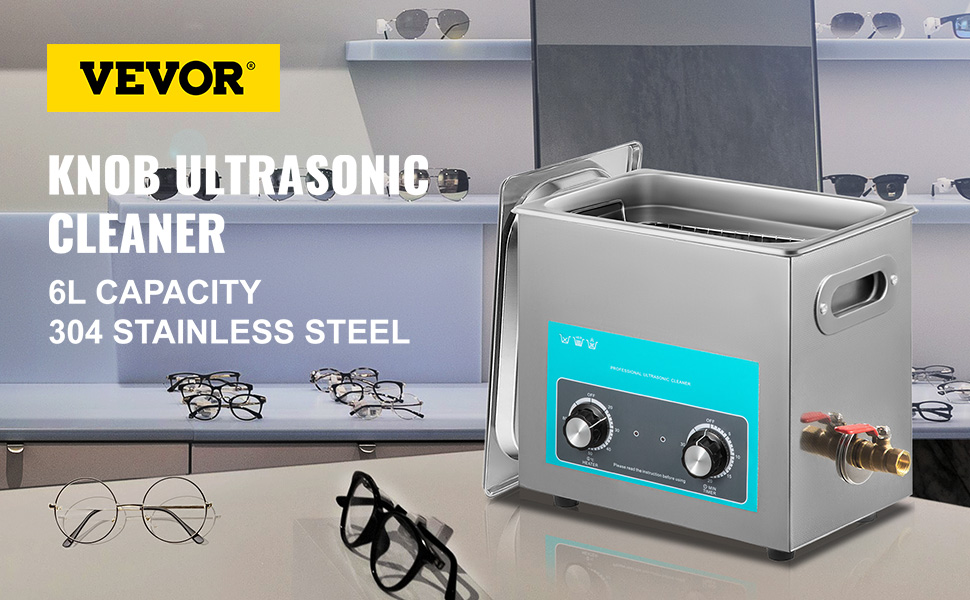 VEVOR ultrasonic cleaner with 6l capacity for cleaning eyeglasses and frames.