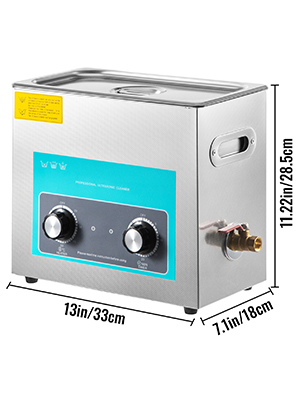 VEVOR ultrasonic cleaner with control knobs, dimensions: 13in x 7.1in x 11.22in.