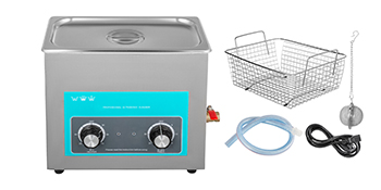 VEVOR ultrasonic cleaner with control panel, metal basket, hose, and power cord.