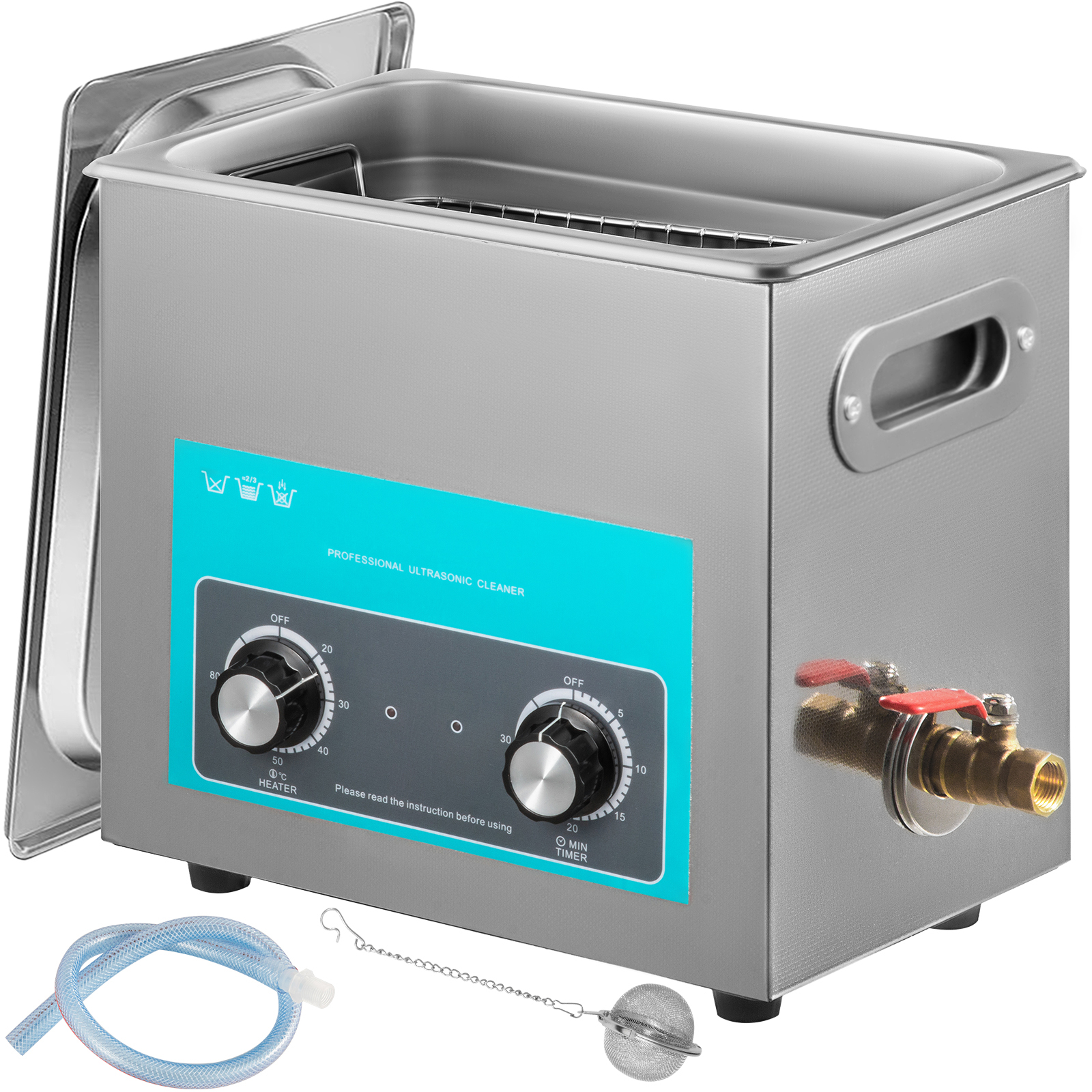 VEVOR ultrasonic cleaner with control dials, metal casing, and additional accessories.
