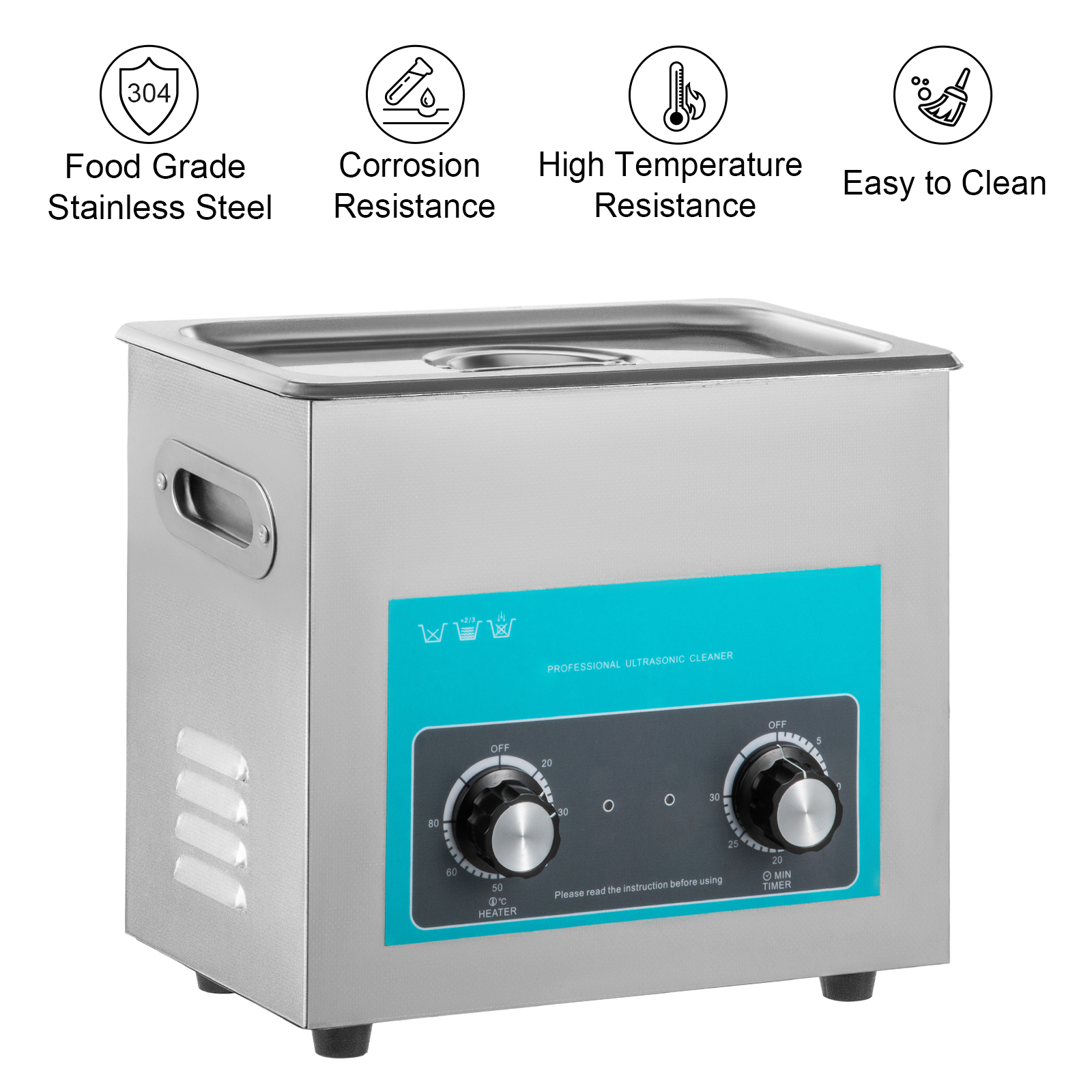 VEVOR ultrasonic cleaner with stainless steel body, dual controls, and easy-to-clean design.