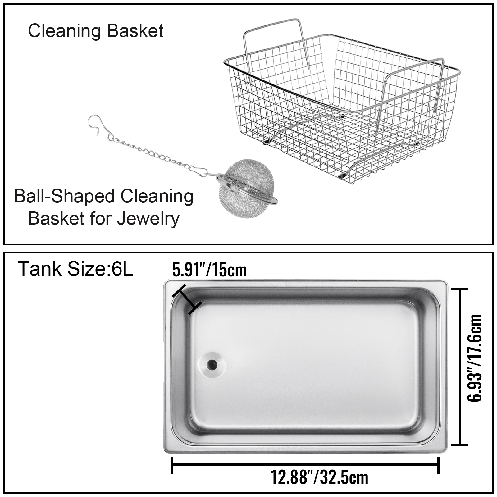 VEVOR ultrasonic cleaner features a 6l tank and includes a cleaning basket and jewelry basket.