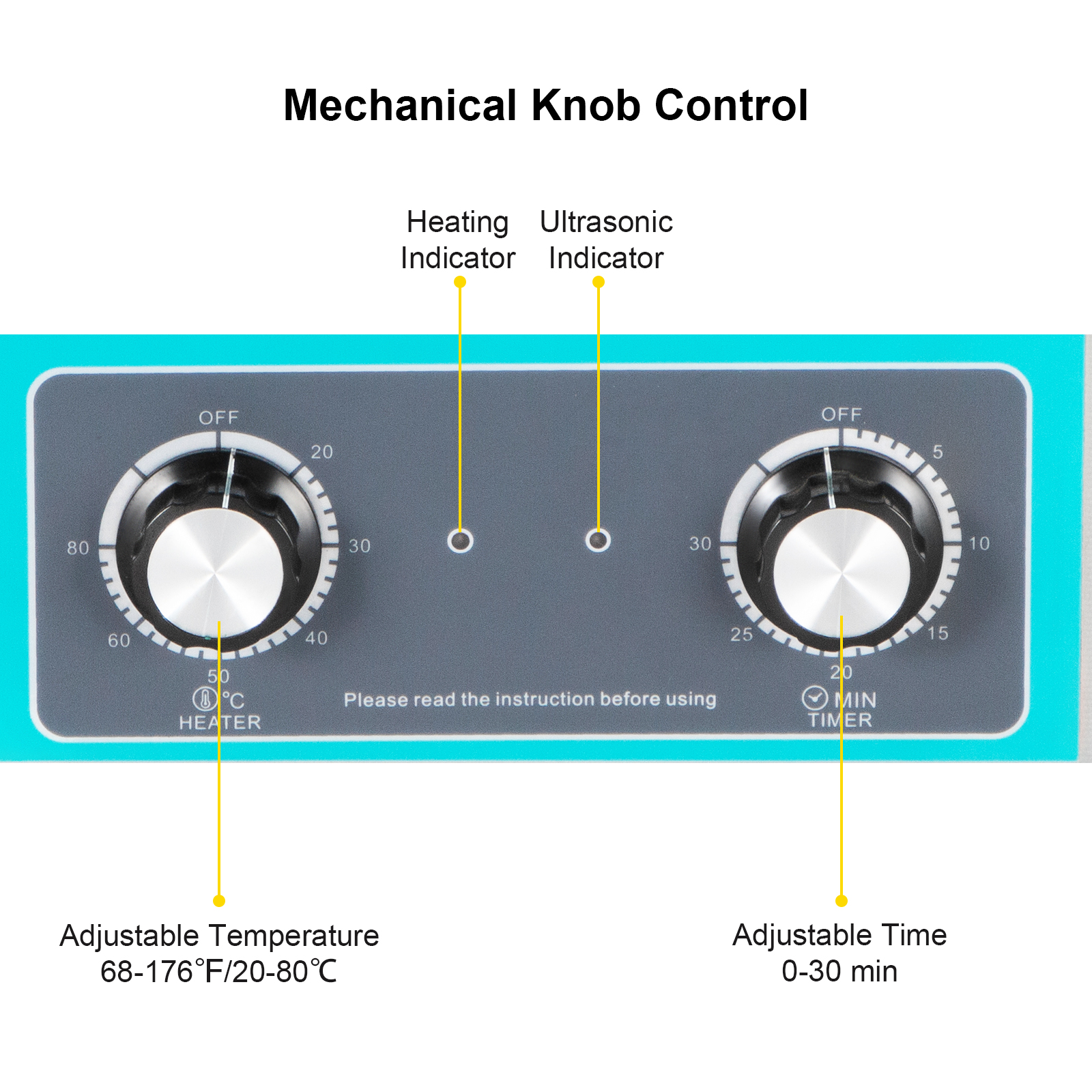 mechanical knob control panel of VEVOR ultrasonic cleaner showing temperature and time settings.