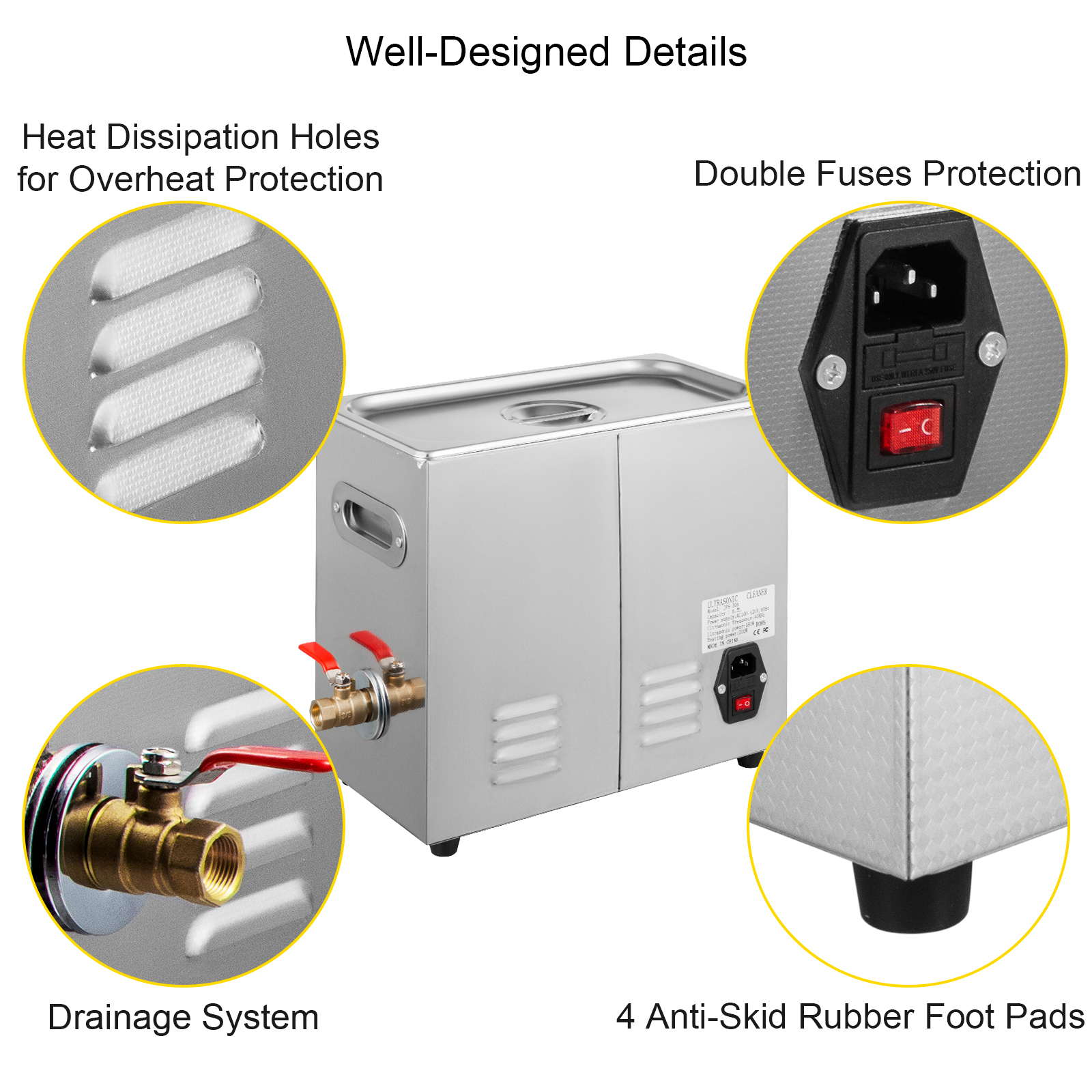VEVOR ultrasonic cleaner with heat dissipation, double fuses, drainage, and anti-skid pads.
