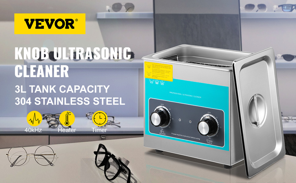VEVOR ultrasonic cleaner with 3l tank, 304 stainless steel, 40khz, heater, and timer.