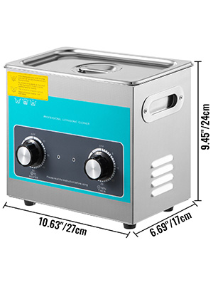 VEVOR ultrasonic cleaner with dual knobs, stainless-steel body, dimensions marked.