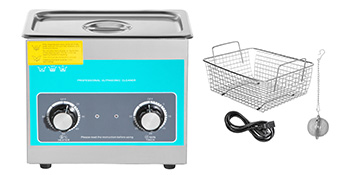 VEVOR ultrasonic cleaner with control knobs, basket, power cord, and drain tool.
