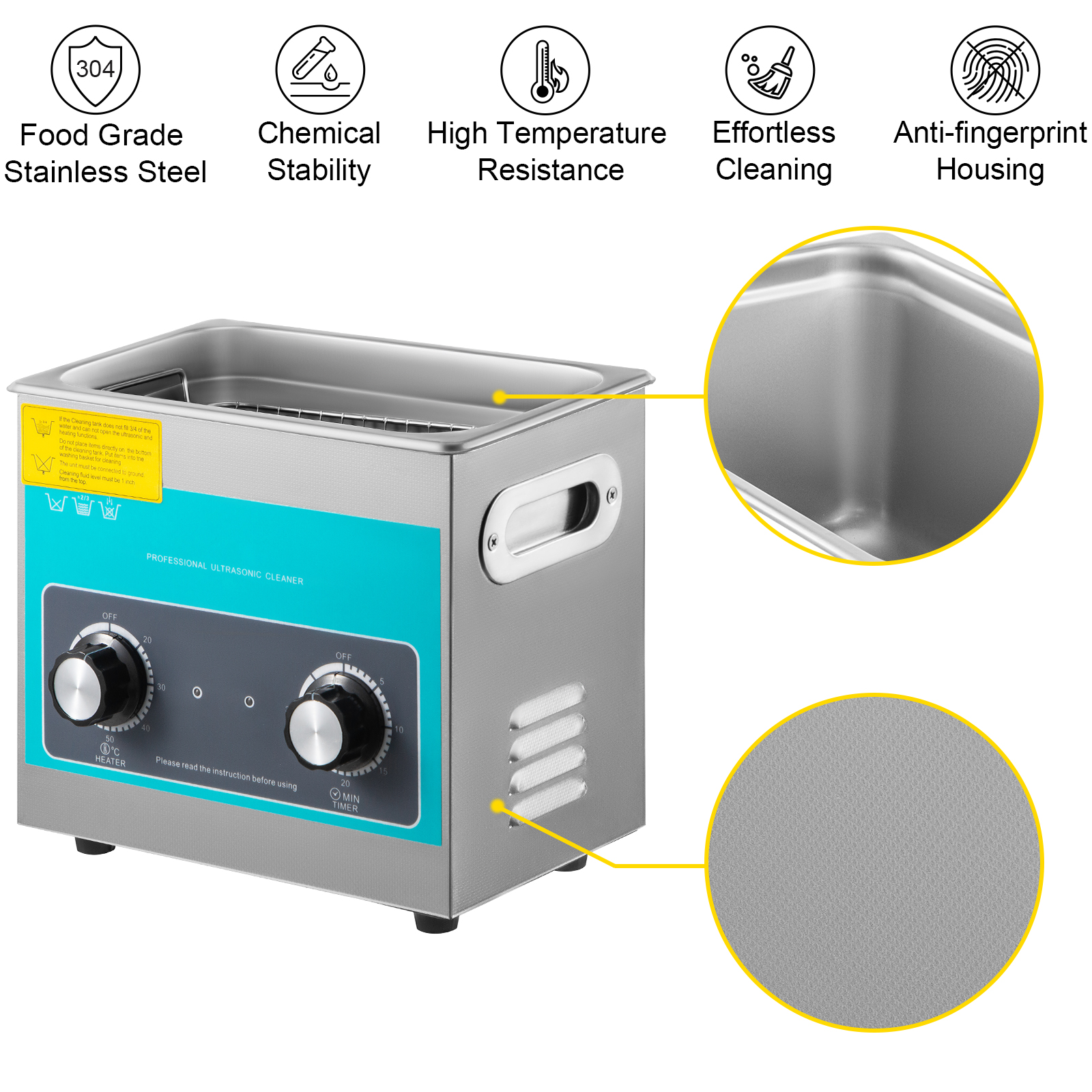 VEVOR ultrasonic cleaner with stainless steel body, dual knob controls, and high temperature resistance.