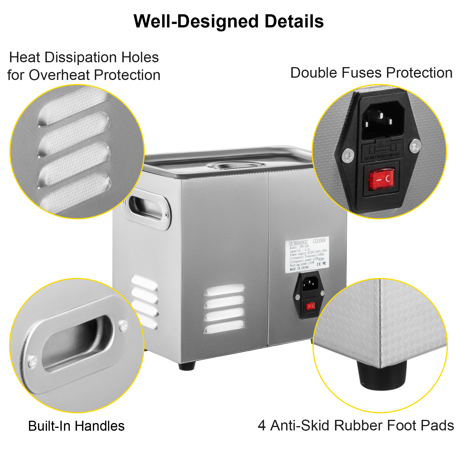 VEVOR ultrasonic cleaner with heat dissipation holes, built-in handles, and anti-skid pads.