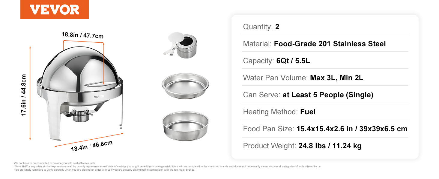 VEVOR roll top chafing dish made of stainless steel with 6qt capacity and dimensions of 18.8x18.4 inches.