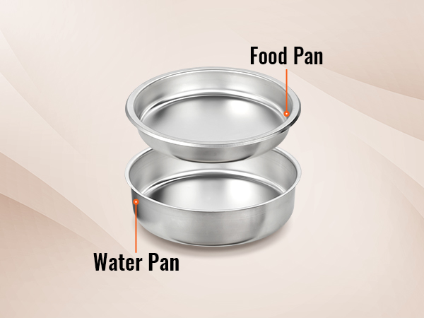 VEVOR roll top chafing dish pans, labeled water pan and food pan, on a neutral background.