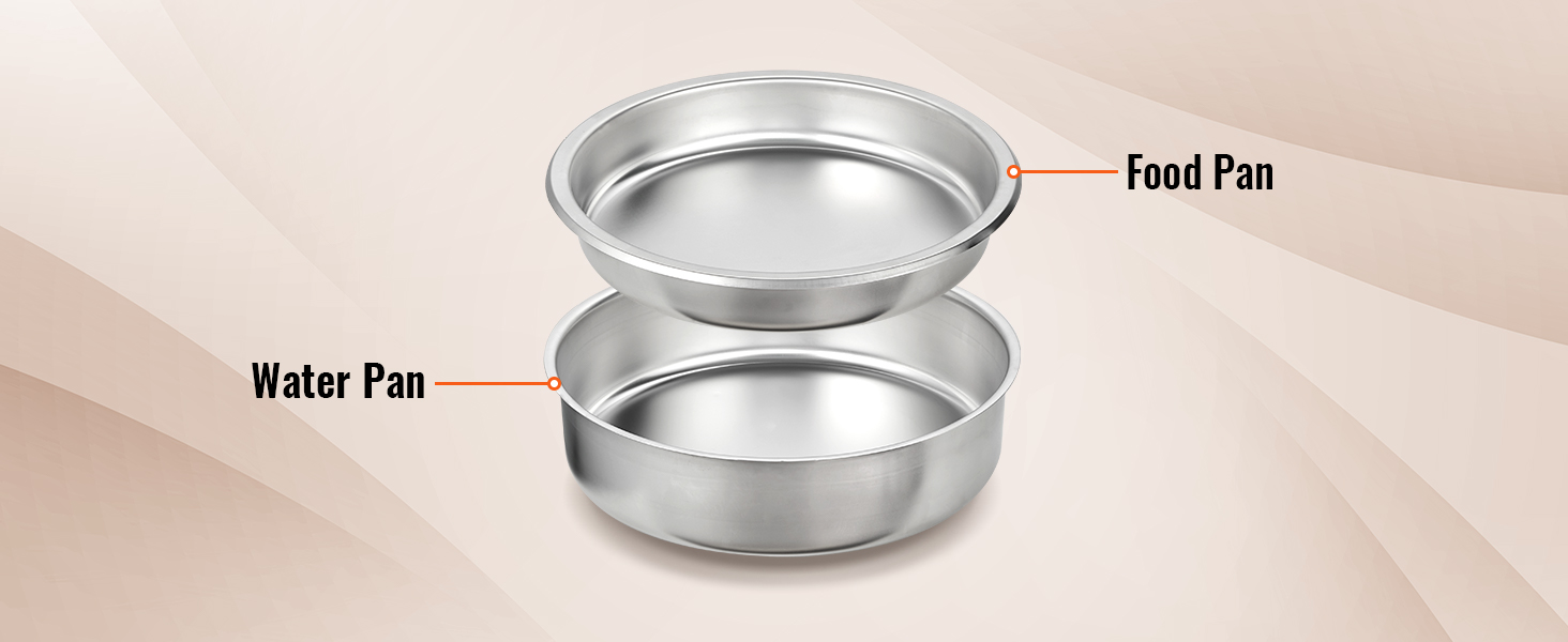 VEVOR roll top chafing dish pans, labeled water pan and food pan, on a neutral background.