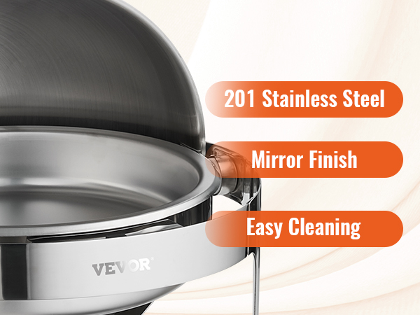 VEVOR roll top chafing dish, 201 stainless steel with mirror finish for easy cleaning.