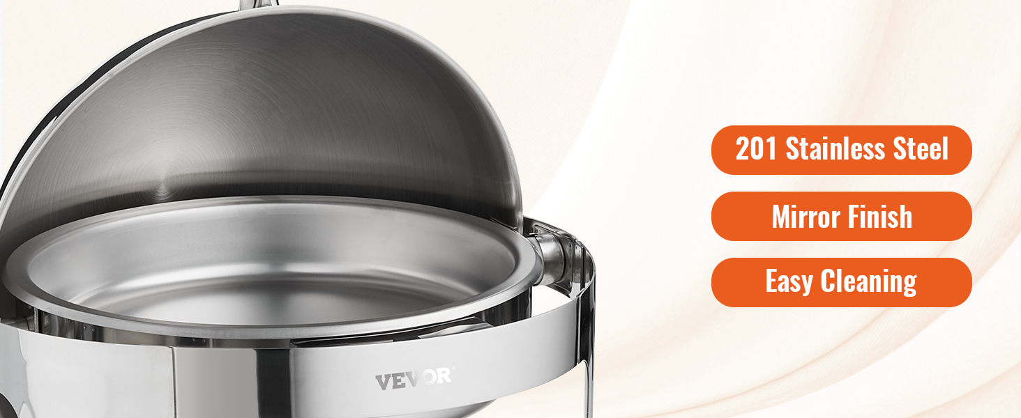 VEVOR roll top chafing dish, 201 stainless steel with mirror finish for easy cleaning.