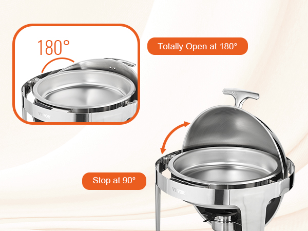VEVOR roll top chafing dish demonstrating 180° full open and 90° stop positions for easy access.