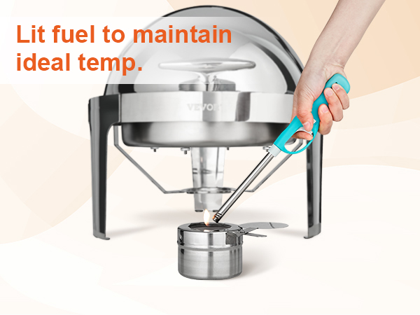 hand lighting fuel under VEVOR roll top chafing dish to maintain ideal temperature.