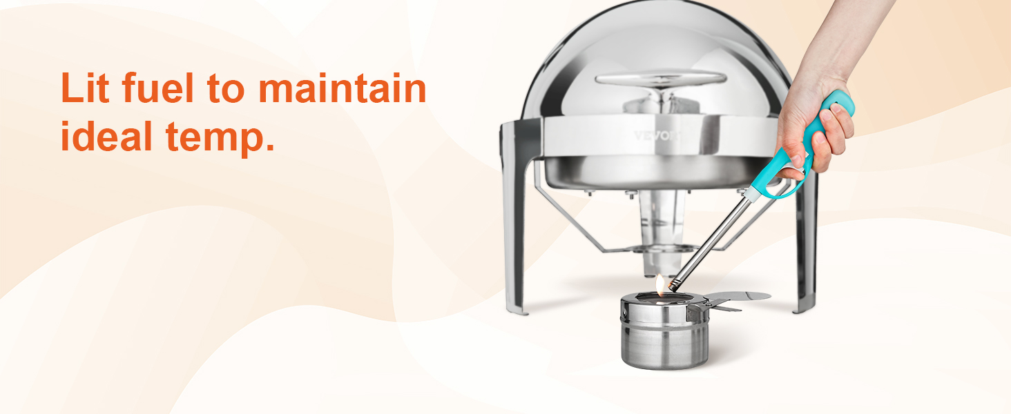 hand lighting fuel under VEVOR roll top chafing dish to maintain ideal temperature.