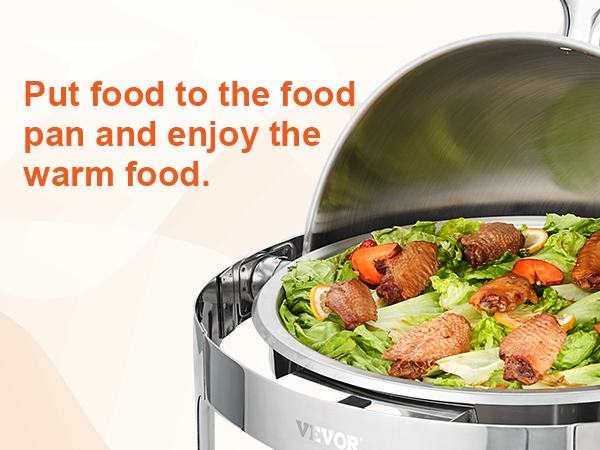 VEVOR roll top chafing dish filled with chicken wings, lettuce, and vegetables with text.