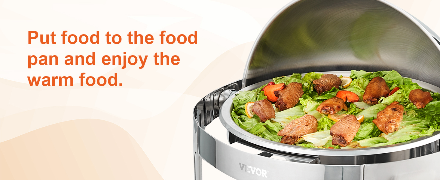 VEVOR roll top chafing dish filled with chicken wings, lettuce, and vegetables with text.