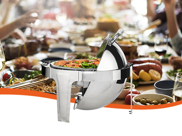 VEVOR roll top chafing dish on a festive dining table with food, wine glasses, and people in the background.