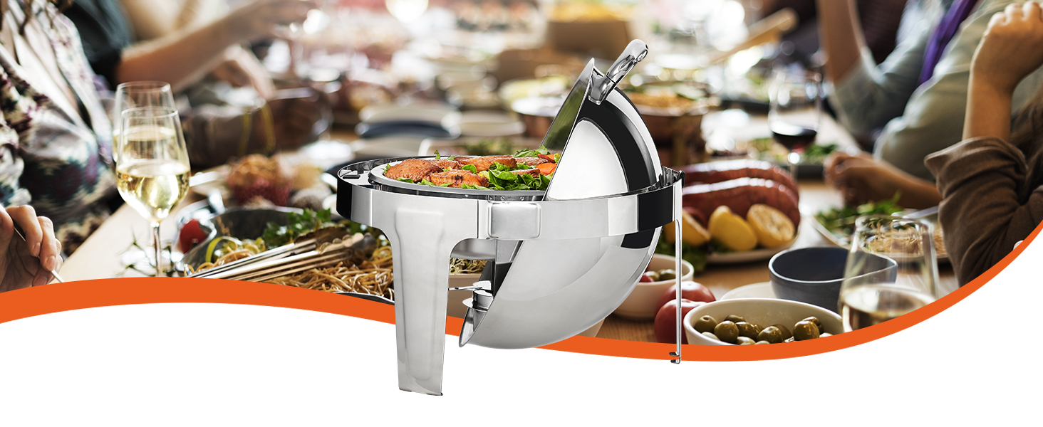 VEVOR roll top chafing dish on a festive dining table with food, wine glasses, and people in the background.