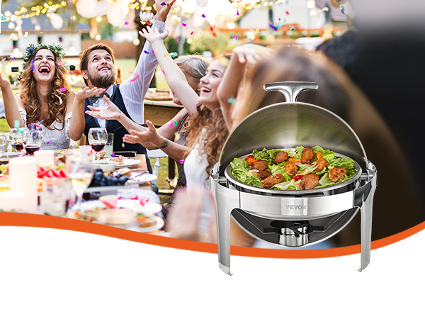 VEVOR roll top chafing dish with food, surrounded by people celebrating at a dining table outdoors.