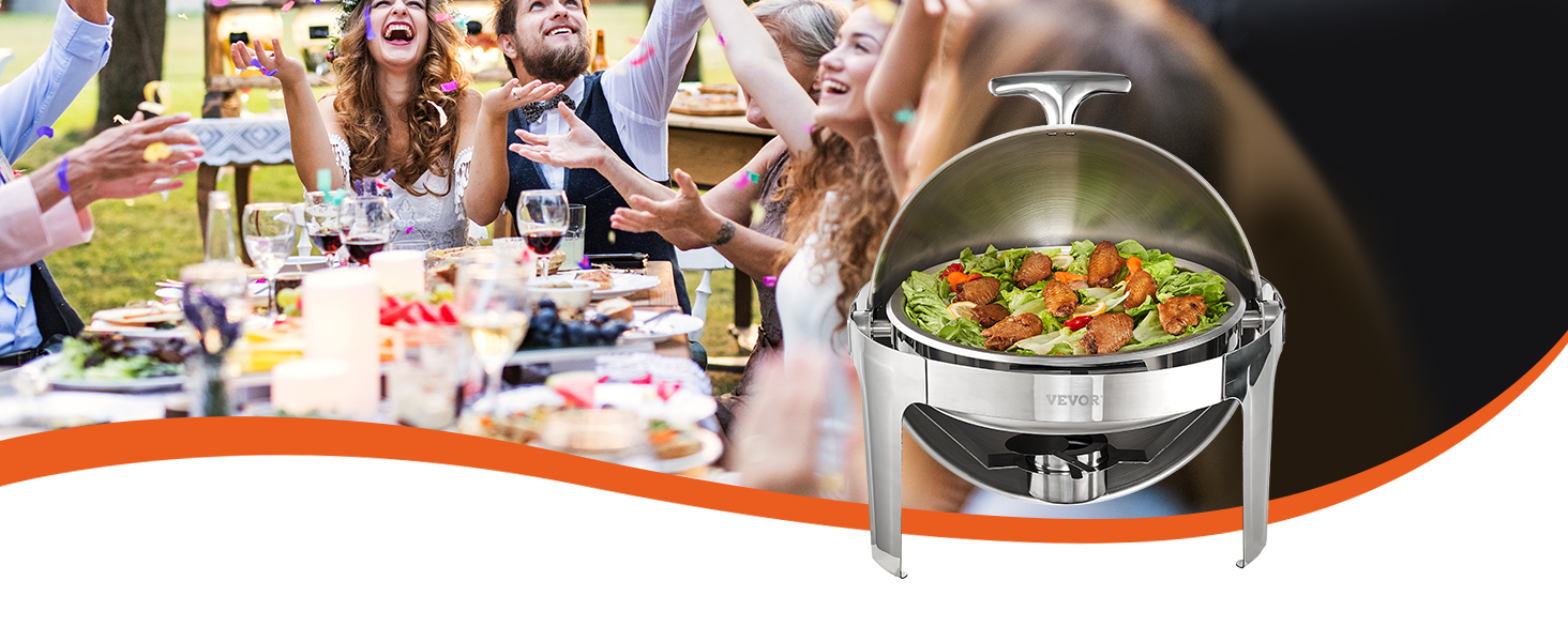 VEVOR roll top chafing dish with food, surrounded by people celebrating at a dining table outdoors.