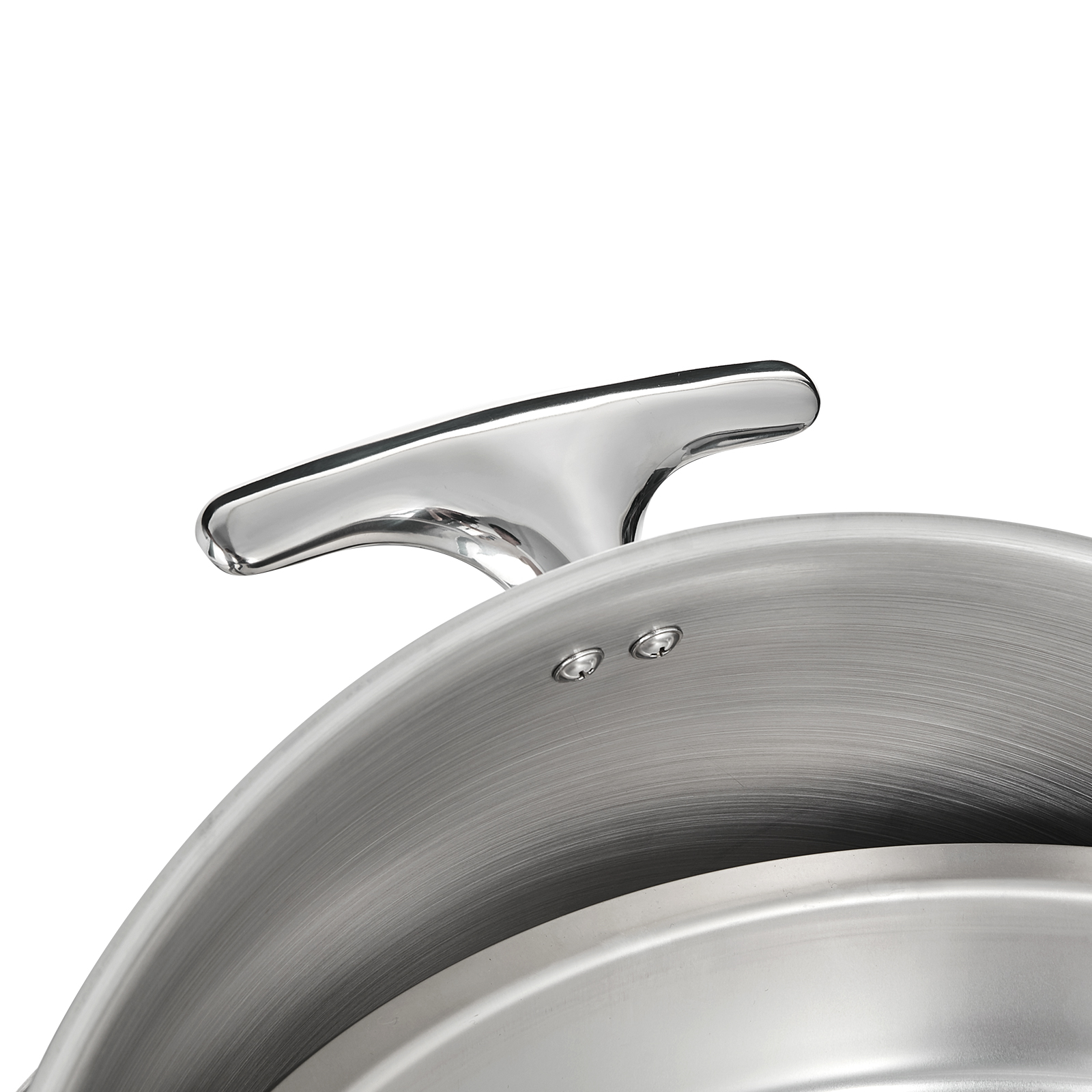 chrome handle detail of a VEVOR roll top chafing dish with stainless steel finish.