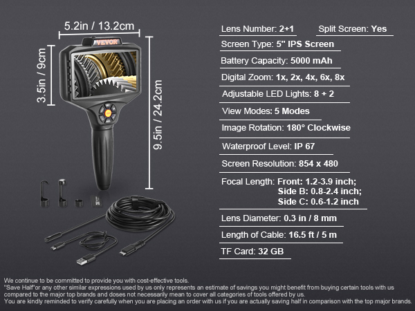 VEVOR triple lens borescope with 5-inch screen, adjustable led lights, waterproof design ip67.