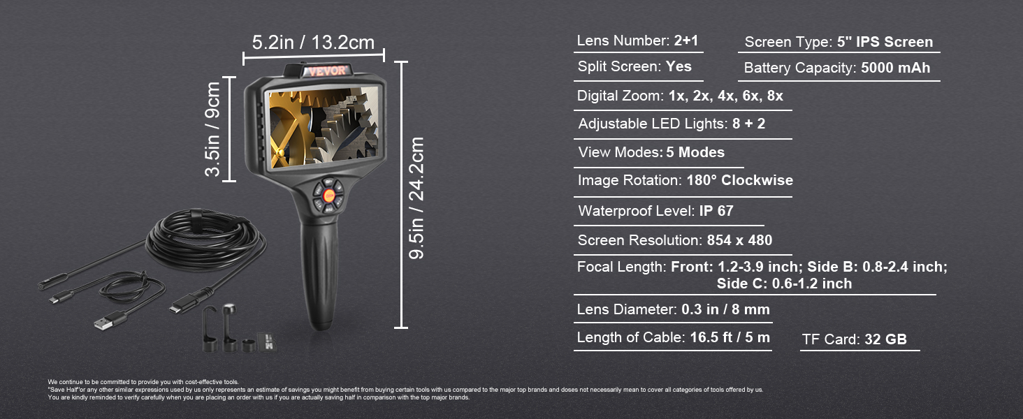 VEVOR triple lens borescope with 5-inch screen, adjustable led lights, waterproof design ip67.