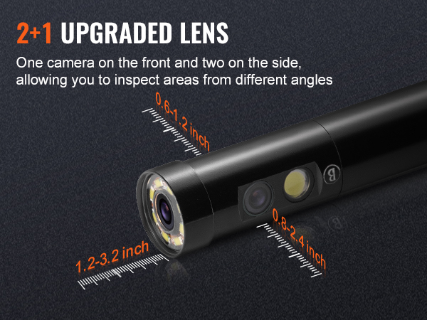 2+1 vääristatud lääts VEVOR triple objektiivi borescope, mille mõõdud esile kontrolli võimeid.