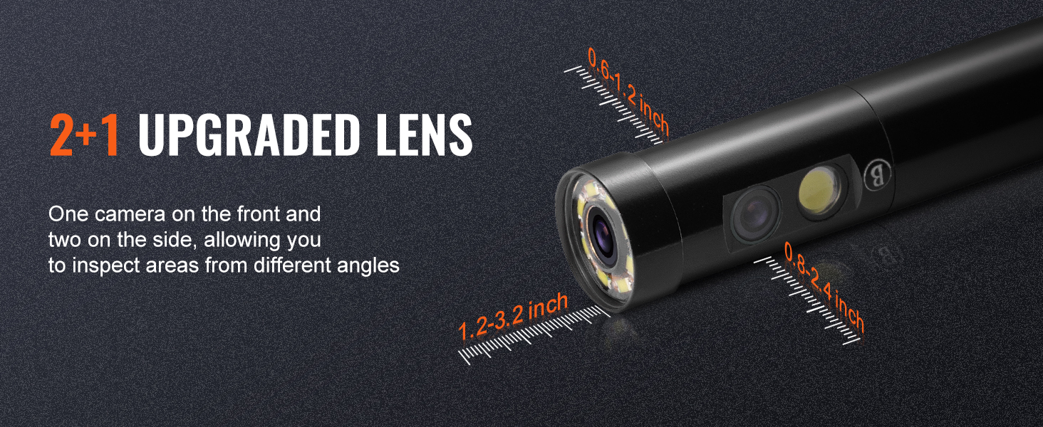 2+1 vääristatud lääts VEVOR triple objektiivi borescope, mille mõõdud esile kontrolli võimeid.