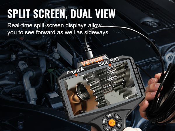 VEVOR triple objektiivi borescope koos split-screen display näitab, esi-ja külje vaated mootori osad.