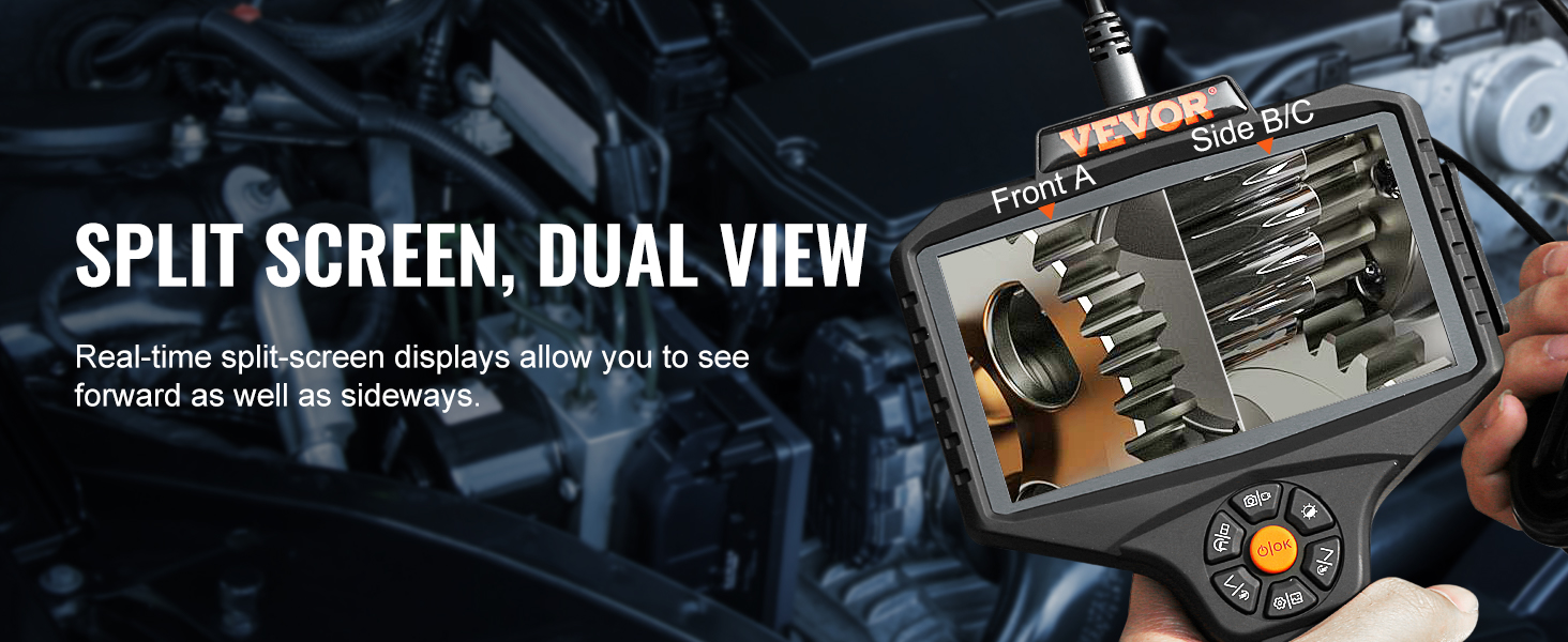 VEVOR triple objektiivi borescope koos split-screen display näitab, esi-ja külje vaated mootori osad.