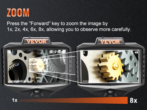 VEVOR triple objektiivi borescope ekraan koos 8x zoom funktsioon, näidates, käigukasti detailid.