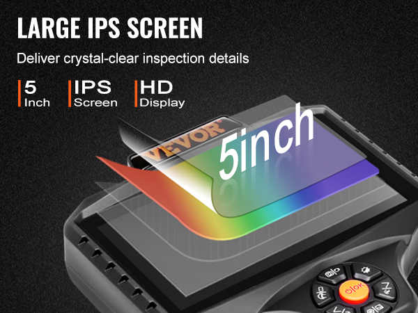VEVOR triple objektiivi borescope, 5-tolline hd ips ekraani kristall-selge kontrolli üksikasjad.