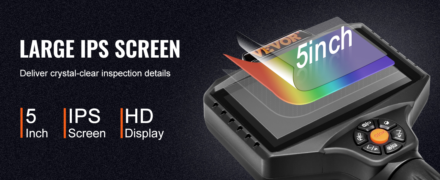 VEVOR triple objektiivi borescope, 5-tolline hd ips ekraani kristall-selge kontrolli üksikasjad.