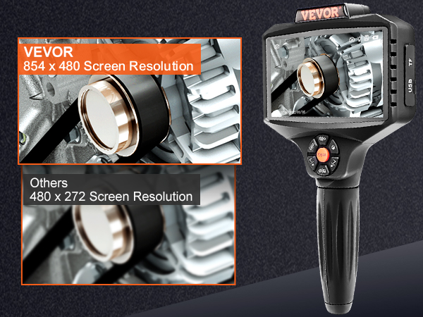 VEVOR triple objektiivi borescope koos 854x480 ekraani resolutsioon võrreldes 480x272 ekraani resolutsioon.