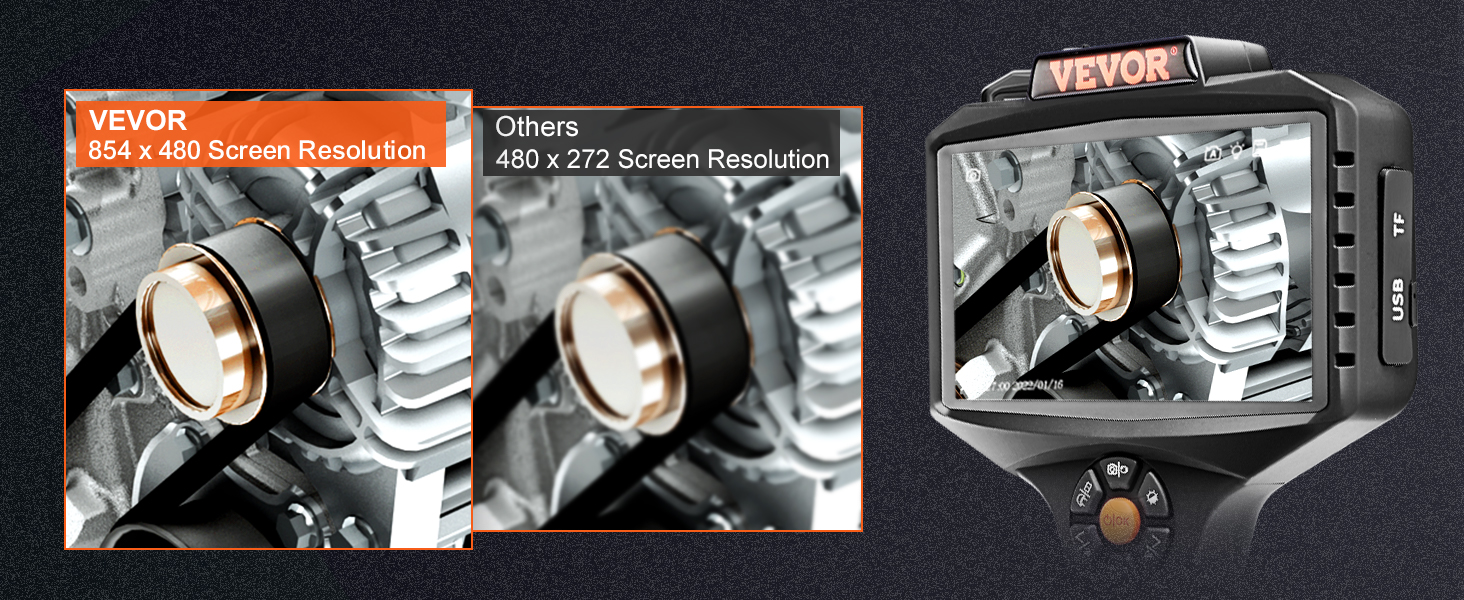 VEVOR triple objektiivi borescope koos 854x480 ekraani resolutsioon võrreldes 480x272 ekraani resolutsioon.