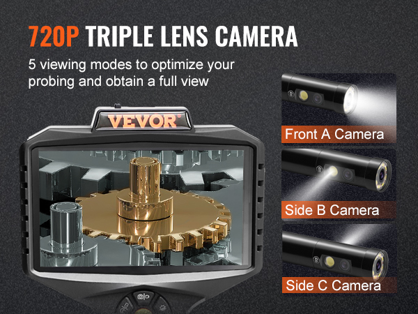VEVOR triple objektiivi borescope featuring 720p resolutsioon koos esi -, külg-b, ja pool c kaamerad kuvata.