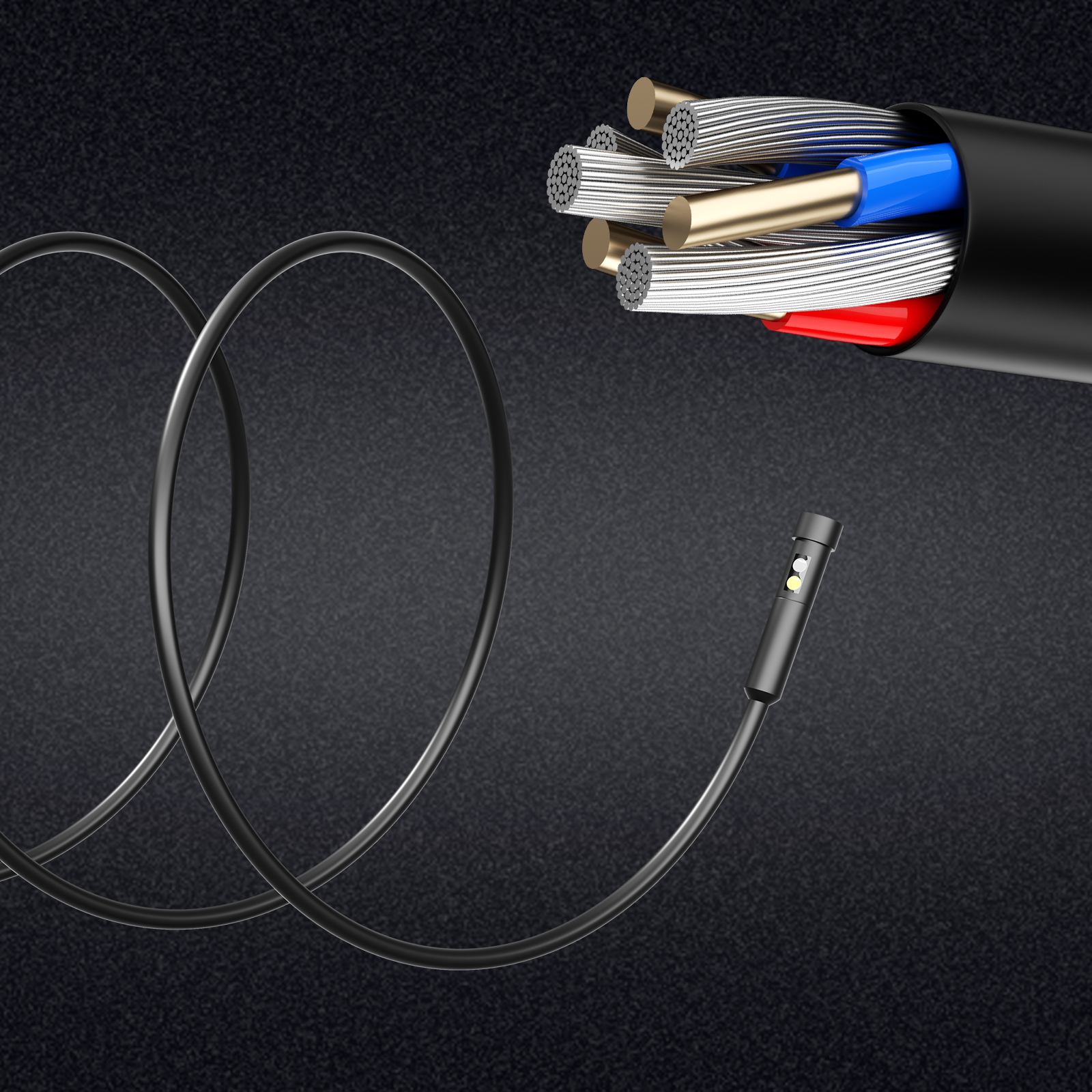 VEVOR triple lens borescope inspecting a multi-strand cable with colored wires against a dark background.