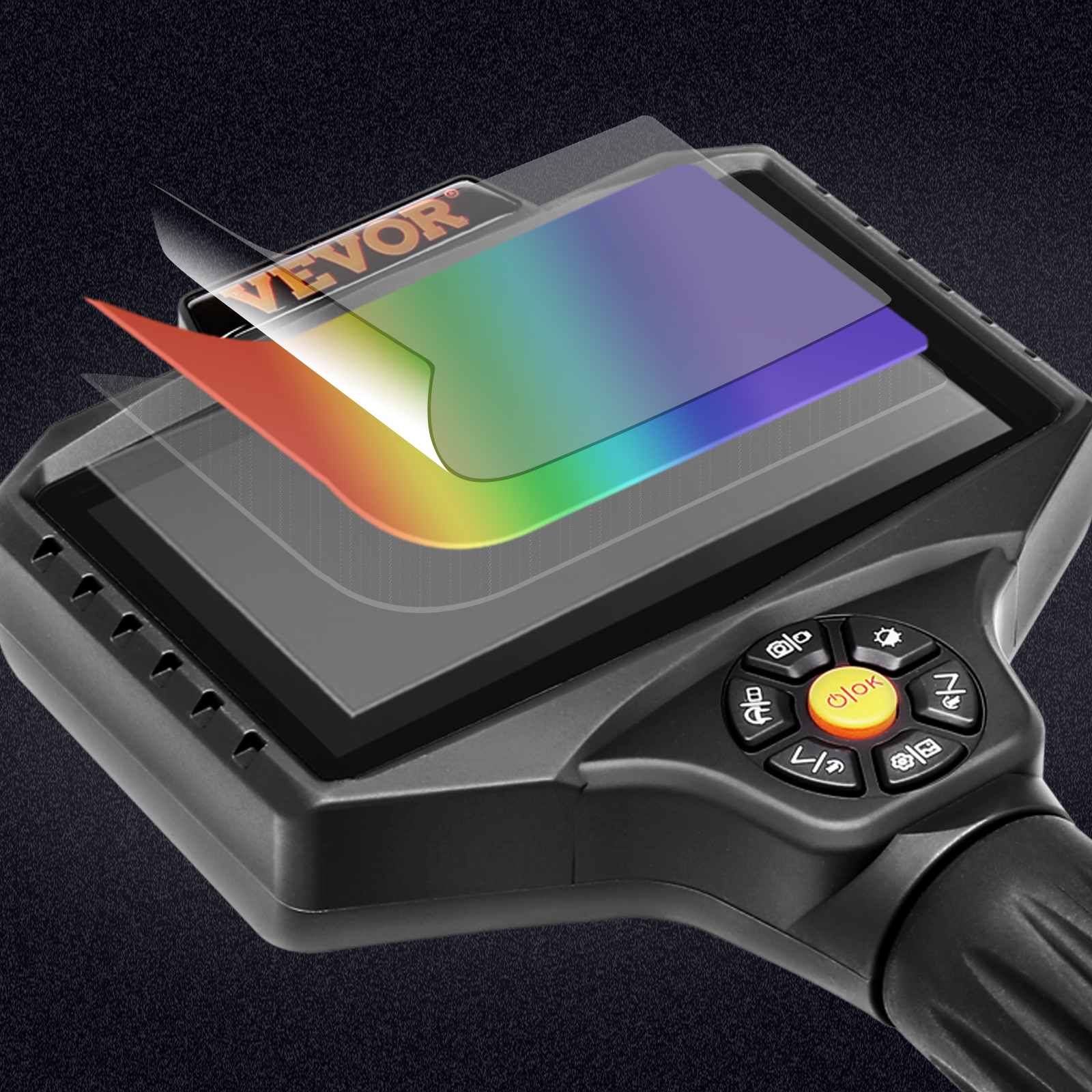 VEVOR triple lens borescope with color display and control buttons for easy navigation.